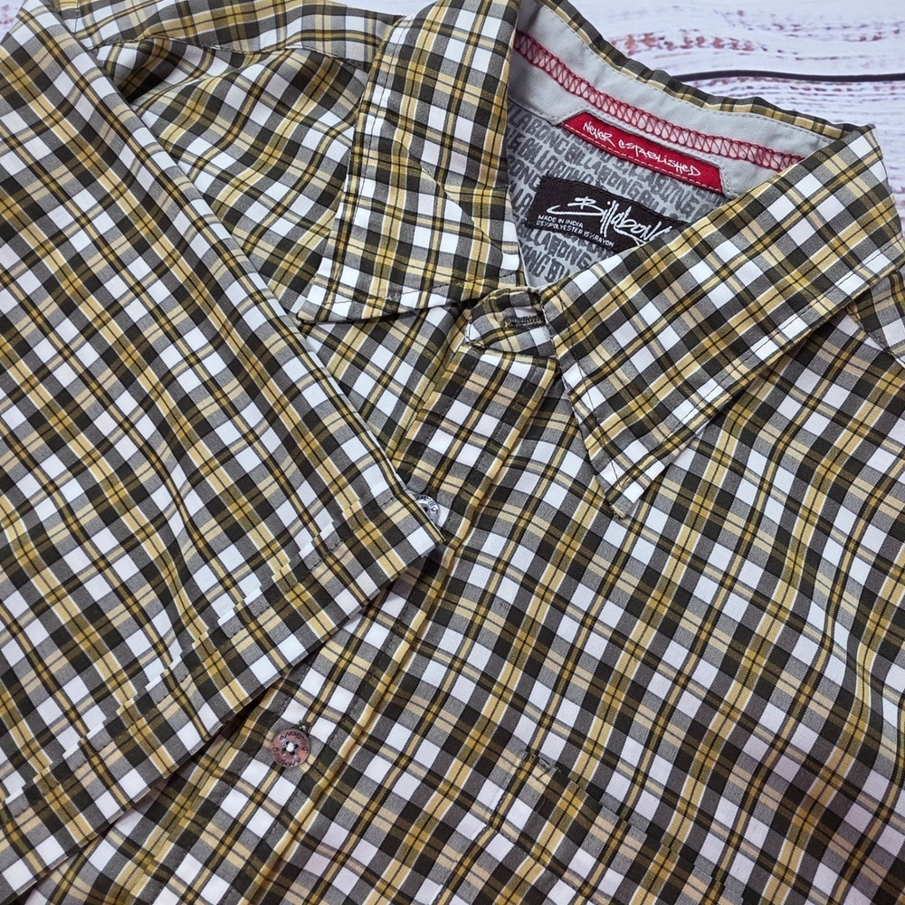 Billabong Button Up Shirt Mens Medium Yellow Plaid Excellent Short‎ Sleeve Surf